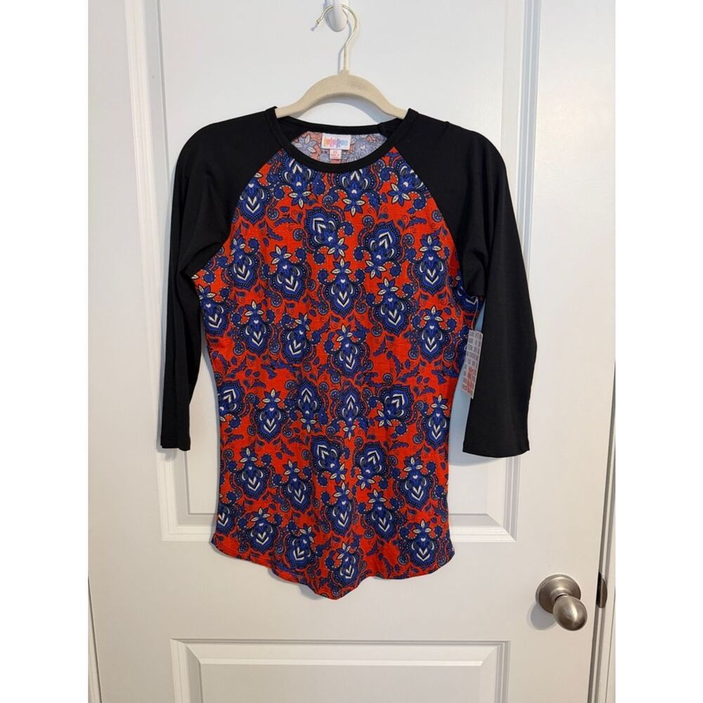 LuLaRoe Red and Blue Floral Raglan with Black Sleeves